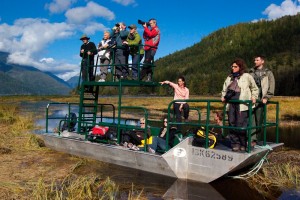 Visitors taking photos of grizzly bears from flat bottom viewing boat